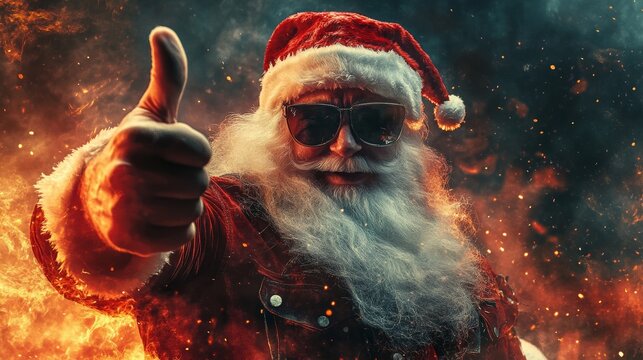 Santa Claus Giving Thumbs Up in Sunglasses with Festive Lights in Background