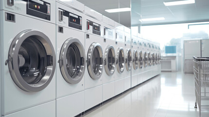Row of washing machines in a modern laundry room, close-up