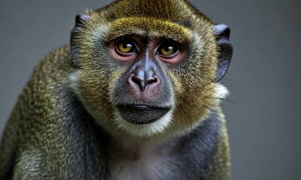 A close-up portrait of a guenon monkey with sharp focus on its expressive eyes and detailed fur. The image captures the primate's curious and alert nature in a natural setting.
