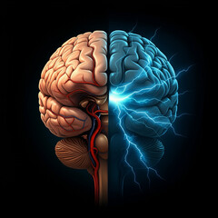 Human brain split between analytical and creative sides, illustrating brain functionality and psychology