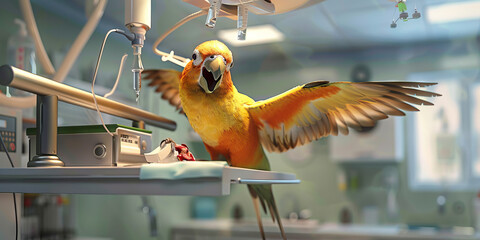 An exotic bird getting treated for an injury at a modern veterinary clinic.