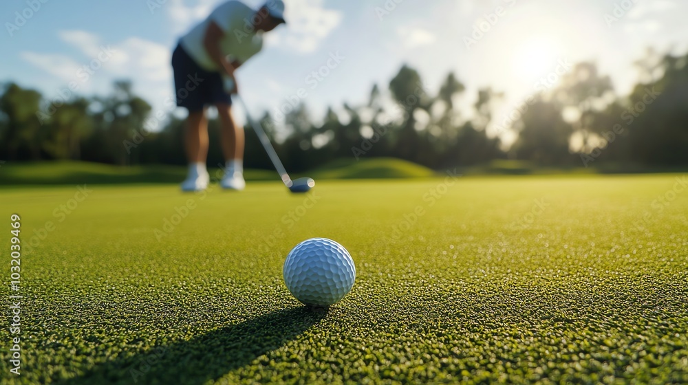 Wall mural a golfer is about to hit a golf ball on a green fairway.