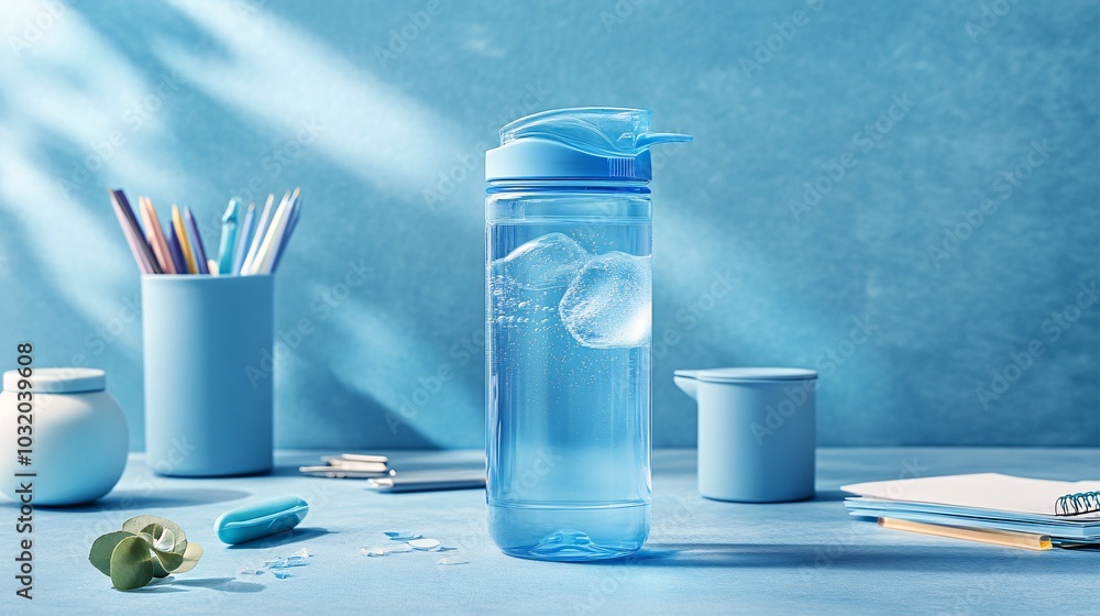 Aufkleber a simple scene of a water bottle and school bag on a plain background with scattered stationery near