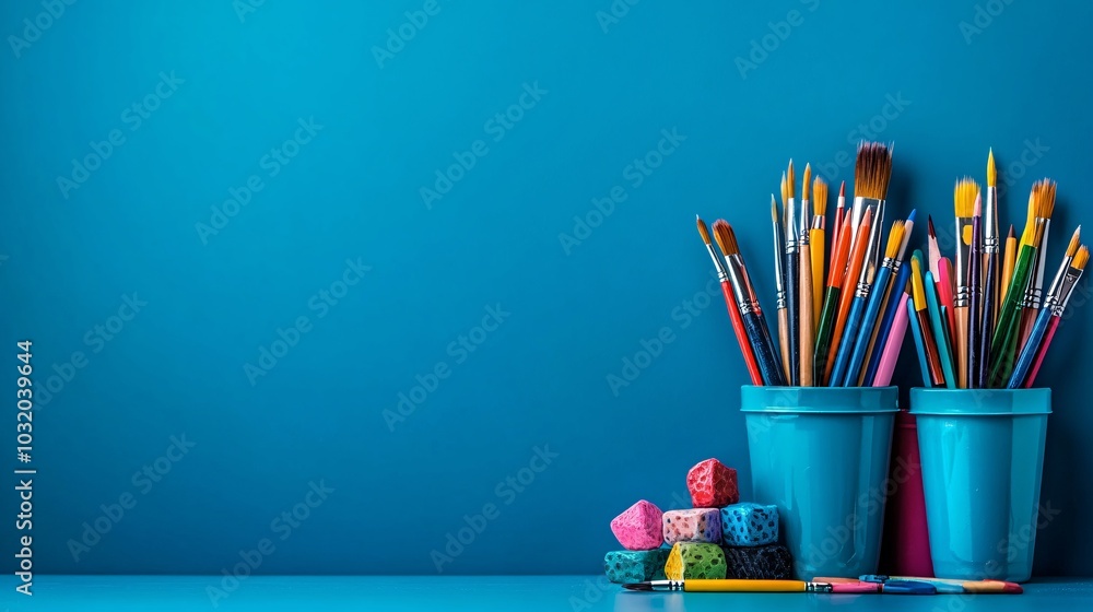 Poster art supplies such as paintbrushes colored pencils and sketchpads spread on a blank surface stock pho