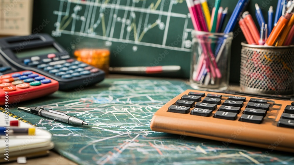 Poster Top view of graphing calculators notebooks and scientific charts set against a calm background Stock Photo with side copy space
