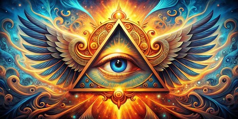 Fototapeta premium Golden Winged Eye Within a Triangle, psychedelic art, surreal art