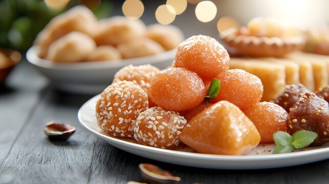 Colorful and tempting display of traditional Indian sweets like laddoos and barfi arranged on a plate for the Diwali festival This festive confectionery is a delightful representation of the rich