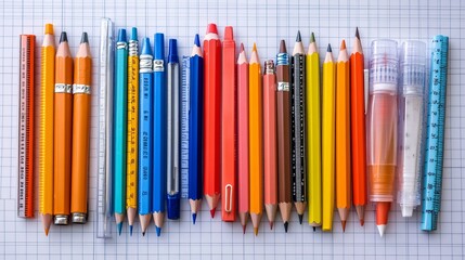 Obraz premium A collection of rulers protractors compasses and mechanical pencils arranged neatly on a grid-lined surface Stock Photo with side copy space