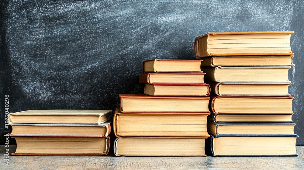 Poster books stacked high next to a clean chalkboard on a neutral background evoking a studious atmosphere 