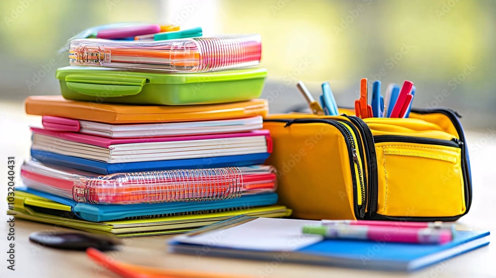 Poster A cheerful scene with lunchbox items and colorful notebooks scattered around a bright backdrop Stock Photo with side copy space