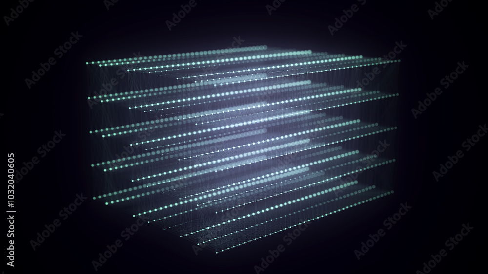 Aufkleber Abstract blue cube with connecting dots and lines. Big data visualization. Blockchain technology concept. Wireframe network connection structure. 3d rendering.