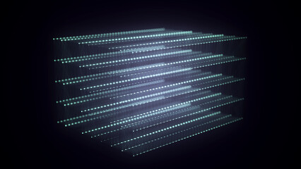 Abstract blue cube with connecting dots and lines. Big data visualization. Blockchain technology concept. Wireframe network connection structure. 3d rendering.