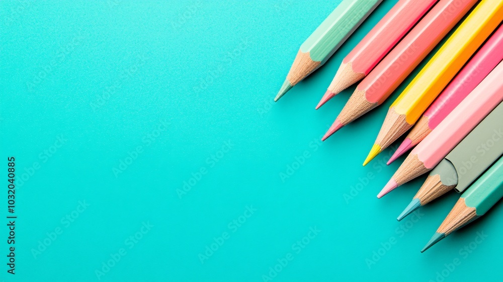 Aufkleber Neatly placed erasers pencils and a sharpener forming a geometric pattern on a vibrant background Stock Photo with side copy space