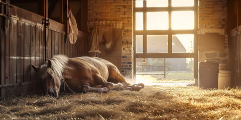 An elderly horse resting comfortably in a warm stable while being cared for by a veterinarian.
