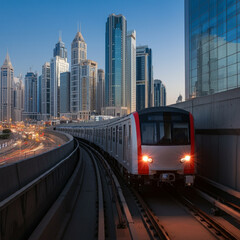 Fototapeta premium A city metro train moving through a futuristic urban landscape with tall skyscrapers