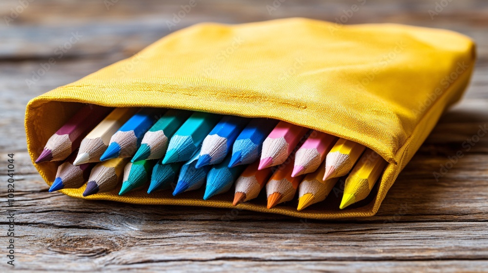 Poster top view of a full pencil case opened with bright colored pencils spilling out onto a solid backgrou
