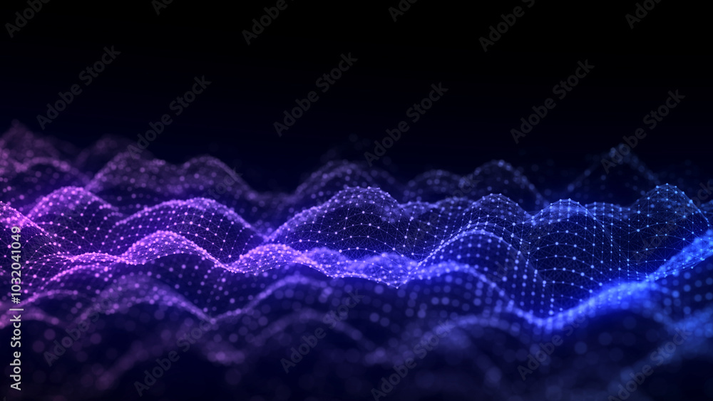 Poster Music color wave of particles and lines. Big data visualization. Abstract blue background with a dynamic wave. 3d rendering.