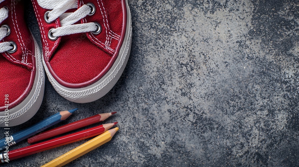 Poster flat lay of school shoes notebook and pencils on a muted background symbolizing a simple back to sch