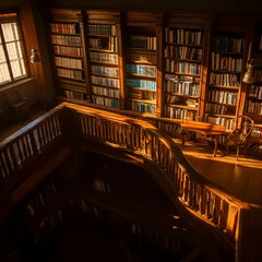 Fototapeta premium A warm and cozy library with shelves full of books and a staircase winding through the space