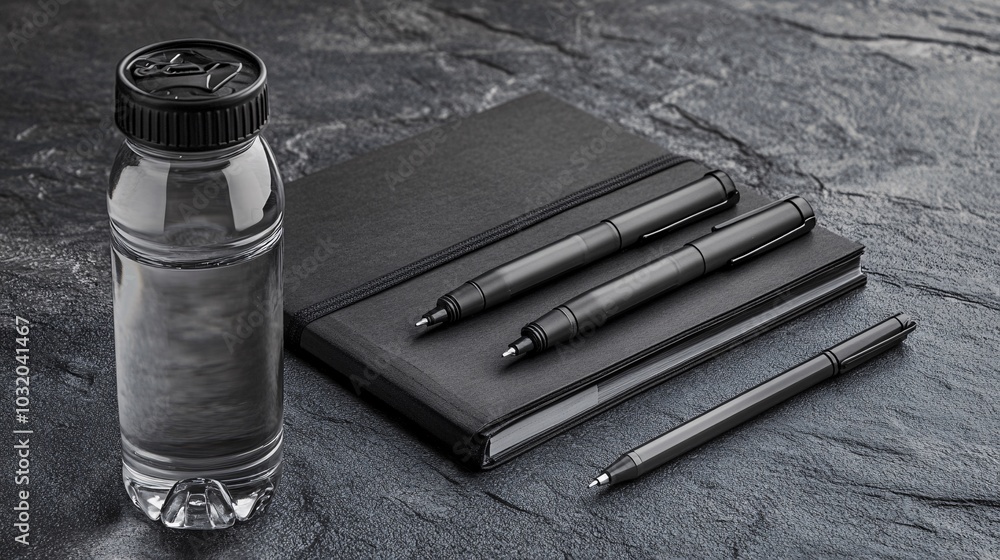 Aufkleber Clean minimal setup with a water bottle notebook and pens laid out on a sleek surface Stock Photo with side copy space