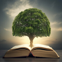 A lush green tree emerging from an open book with a cloudy sky background, representing growth and...