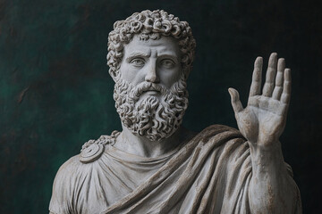 Obraz premium Plaster statue of greek God waves his hand on blue background with space for text