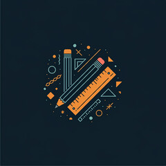 Geometrical illustration featuring a pencil, ruler, and other school supplies on a dark background