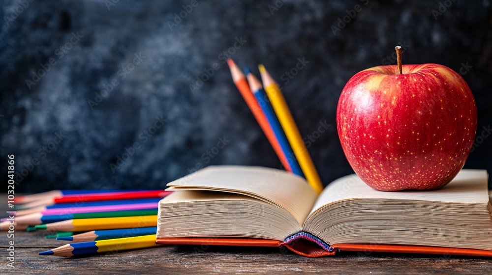 Poster open textbook with an apple placed on top pencils scattered around evoking a traditional back to sch