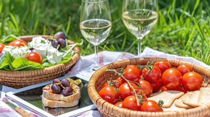 Picnic Basket with Wine Glasses, Tomatoes, and Bread