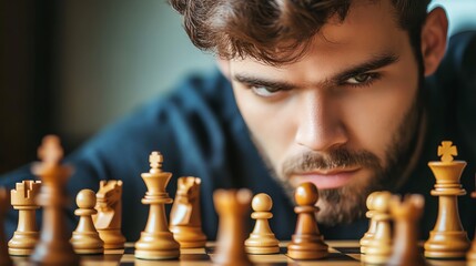 A man looks intently at a chessboard, strategizing his next move.