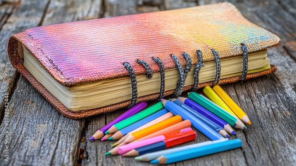 Poster A fun back to school scene with an open notebook and a colorful pencil case spilling its contents Stock Photo with side copy space