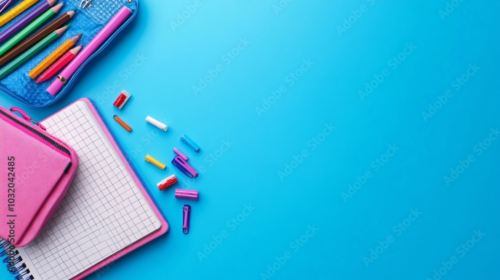 Poster a fun back to school scene with an open notebook and a colorful pencil case spilling its contents st