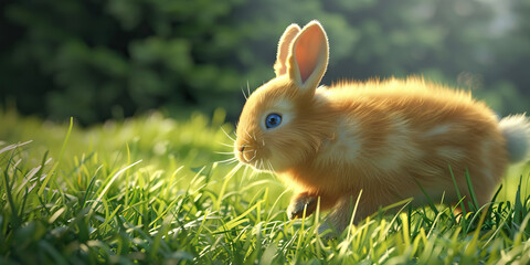 Fototapeta premium A fluffy bunny hopping through a grassy field, its blue eyes twinkling.