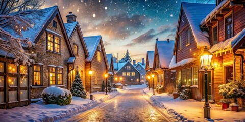 Obraz premium Snowy Village Street at Twilight, Winter Wonderland, Christmas Lights , winter, snow
