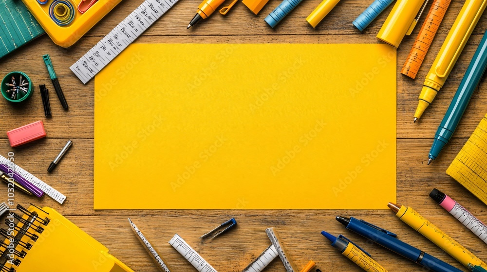 Poster notebook laid open next to rulers and colored pens spread out on a playful background stock photo wi