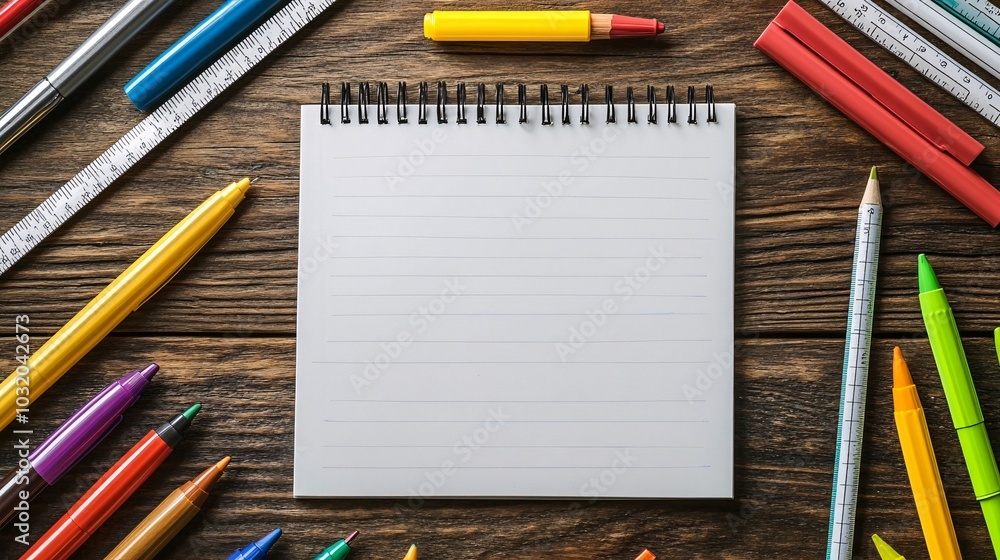 Aufkleber notebook laid open next to rulers and colored pens spread out on a playful background stock photo wi