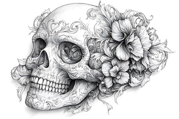
Skull Adorned with Flowers in Hair