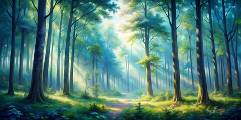 Sunbeams Through the Trees in a Misty Forest, digital painting, nature, woodland