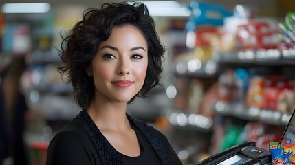 Shopper using self service checkout machine to complete a transaction at a grocery store or supermarket