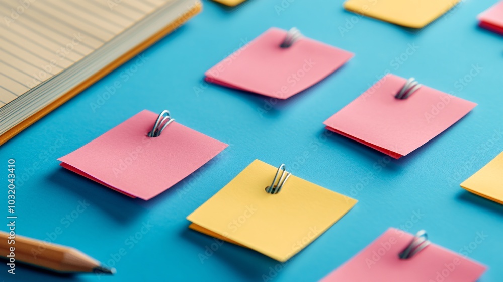 Aufkleber Sticky notes arranged in a pattern on a bright background with a notebook and pencil ready for note-taking Stock Photo with side copy space