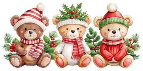 Fototapeta premium Watercolor Illustration of Three Adorable Teddy Bears in Festive Winter Outfits, Christmas, Winter ,teddy bear, watercolor, christmas, winter