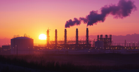 Industrial refinery with smokestacks at sunset, emitting smoke against a colorful sky.