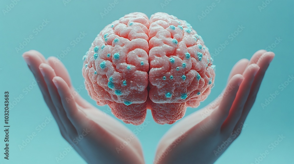 Poster pair of hands presenting a 3drendered brain set against a simple blue backdrop the image promotes me