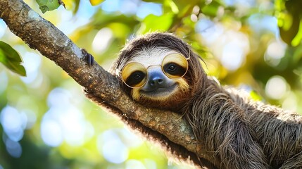 Fototapeta premium Chilled Sloth Basking in Sunny Day Wearing Quirky Glasses on Tree Branch