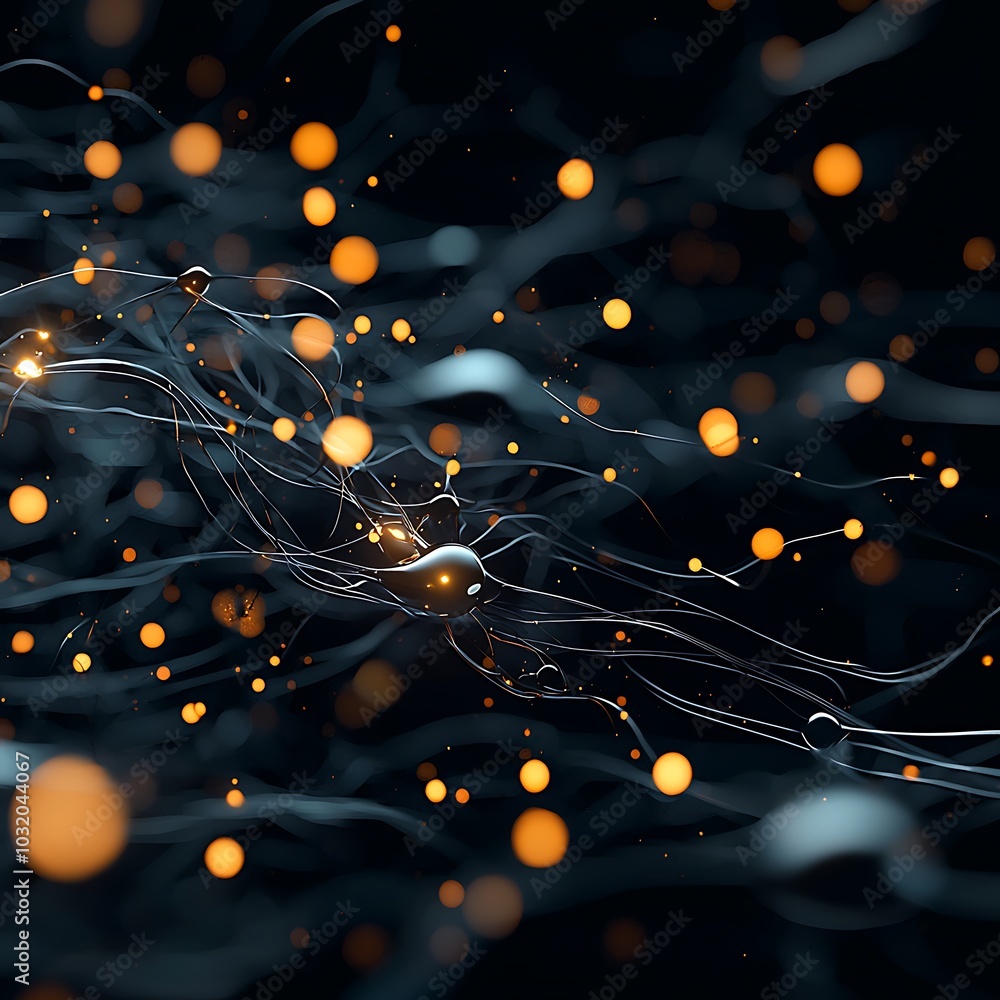 Poster an abstract composition featuring luminous light patterns against a dark background, creating a sens