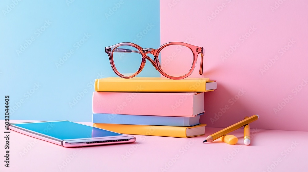 Poster stack of colorful notebooks topped with a pair of glasses and a pencil beside a tablet on a clean ba