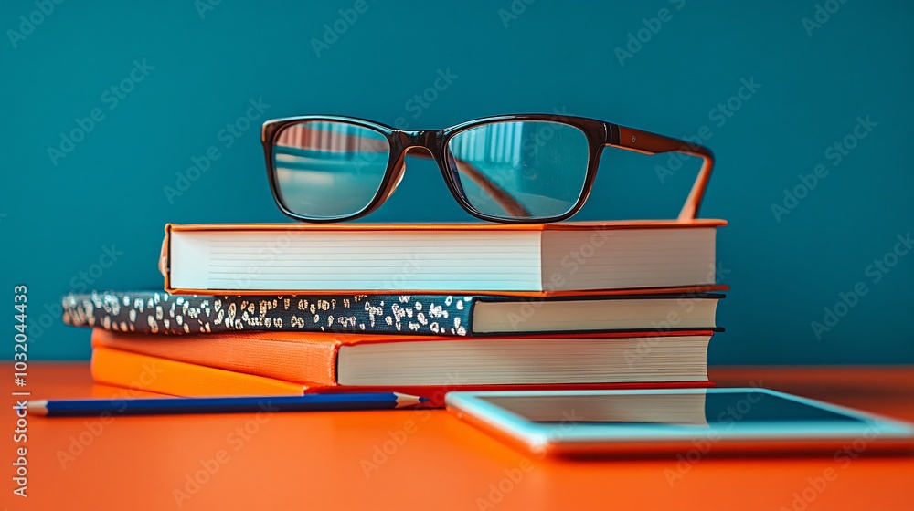 Aufkleber stack of colorful notebooks topped with a pair of glasses and a pencil beside a tablet on a clean ba