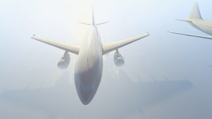 Several planes in a row in the airport parking lot undergoing maintenance before after the flight. A row of Airplanes in airport runway during sunset. 3D Rendering.