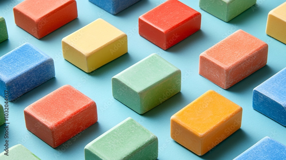 Aufkleber Brightly colored erasers and sharpeners creating a pattern on a bold background next to notebooks Stock Photo with side copy space