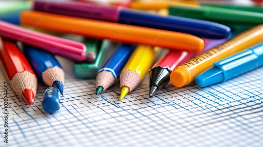 Poster An assortment of school-themed doodles scattered across an empty notebook with bright pens and rulers Stock Photo with side copy space